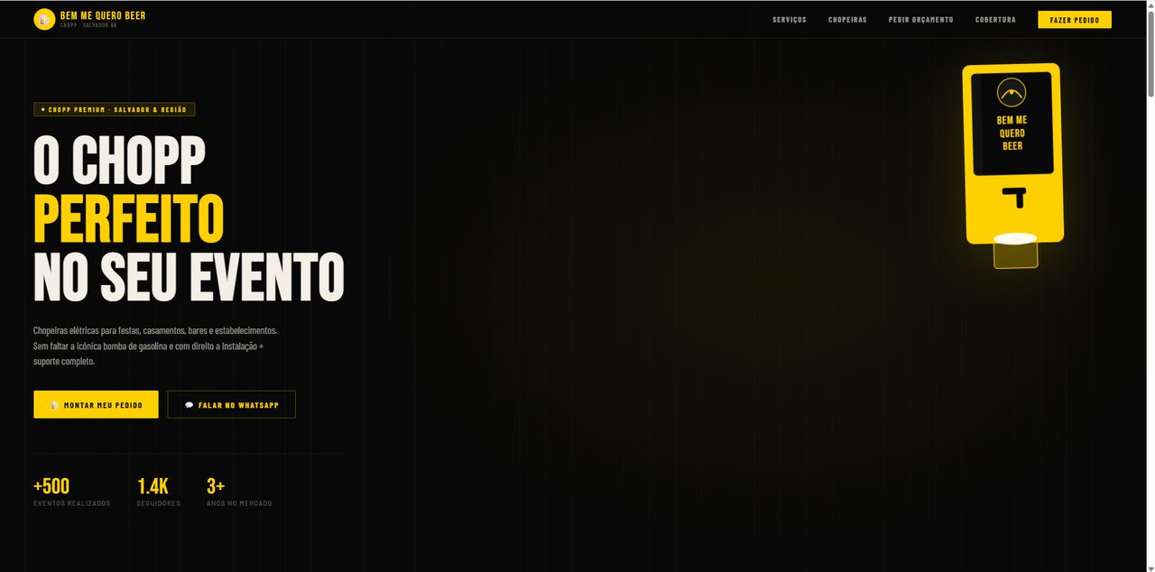 Página inicial do site da Bem Me Quero Beer, aluguel de chopeiras para eventos em Salvador, em preto e amarelo
