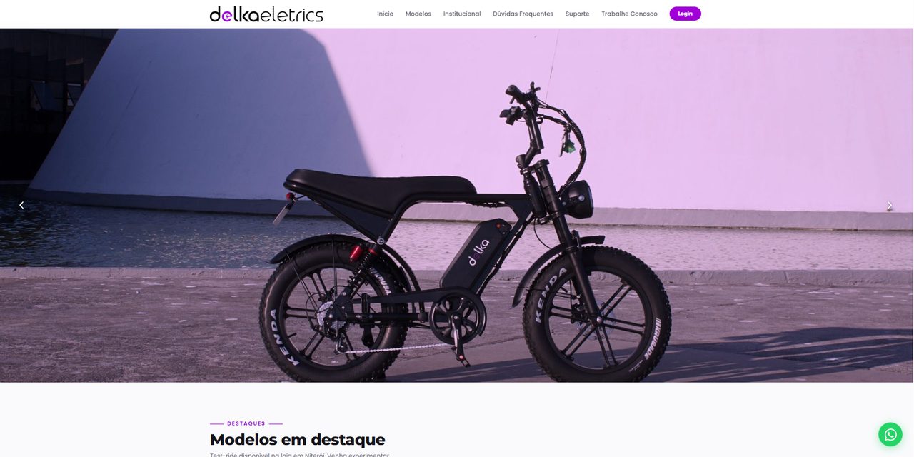 Site da Delka Eletrics aberto no computador, com uma moto elétrica em destaque na página inicial