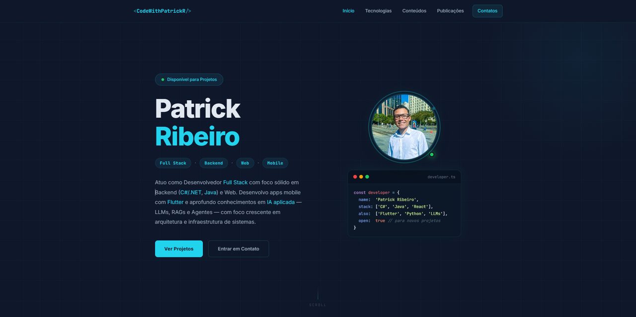 Página inicial do portfólio profissional de Patrick Ribeiro, em tema escuro, com foto e áreas de atuação