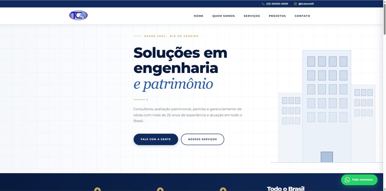 Página inicial do site da TCA Tonelli, consultoria de engenharia e avaliação patrimonial no Rio de Janeiro